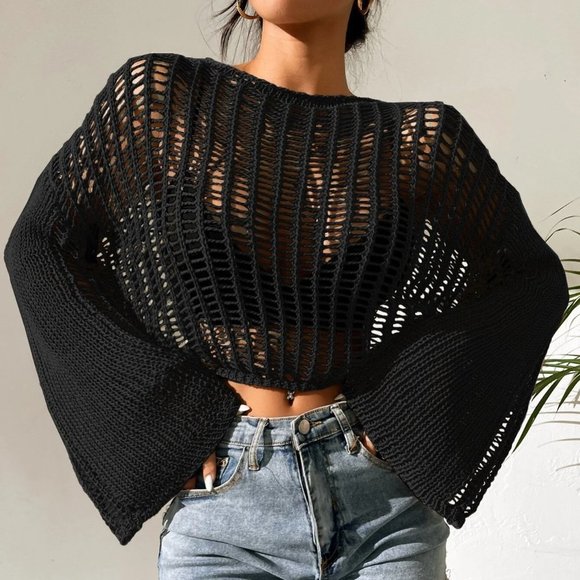 Open Knit Bell Sleeve Sheer Sweater black - Picture 4 of 5